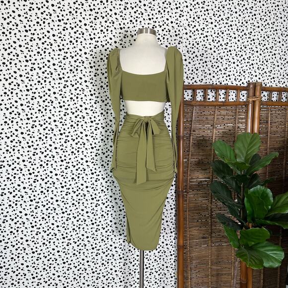 NEW Majorelle | Revolve Darla Olive Green Cut Out Tie Ruched Sexy Midi Dress XXS - Picture 5 of 11